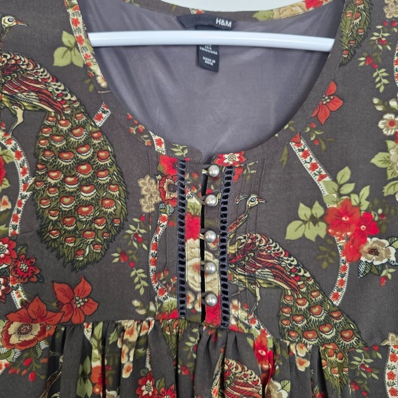 H&M Womens Babydoll Tunic Dress SIZE 4 Boho Peacock Bird Floral Lined 3/4 Sleeve - Picture 5 of 13